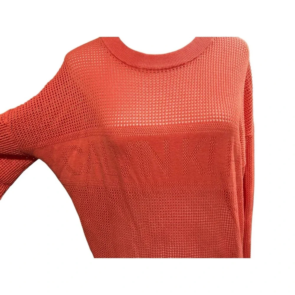 Calvin Klein Womens‎ Coral Mesh Logo Pullover Crewneck Sweater Top Size Large - Picture 3 of 6